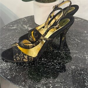 VJC by Versace Elegant Black and Gold Lace Stiletto Heels